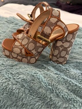 Coach Brown Logo Platform Block Heel Sandals